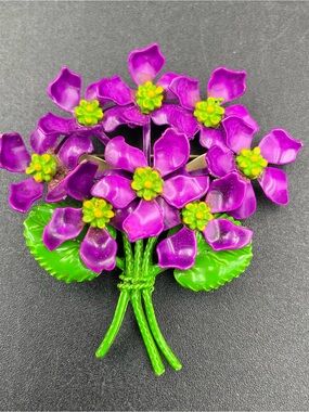 Purple Flower Bouquet Enamel Brooch Unmarked
